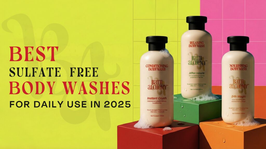Bath Alchemy sulfate free body washes Instant Crush After Hours and 24K Magic displayed on colorful blocks in a bright pop graphic blog banner.